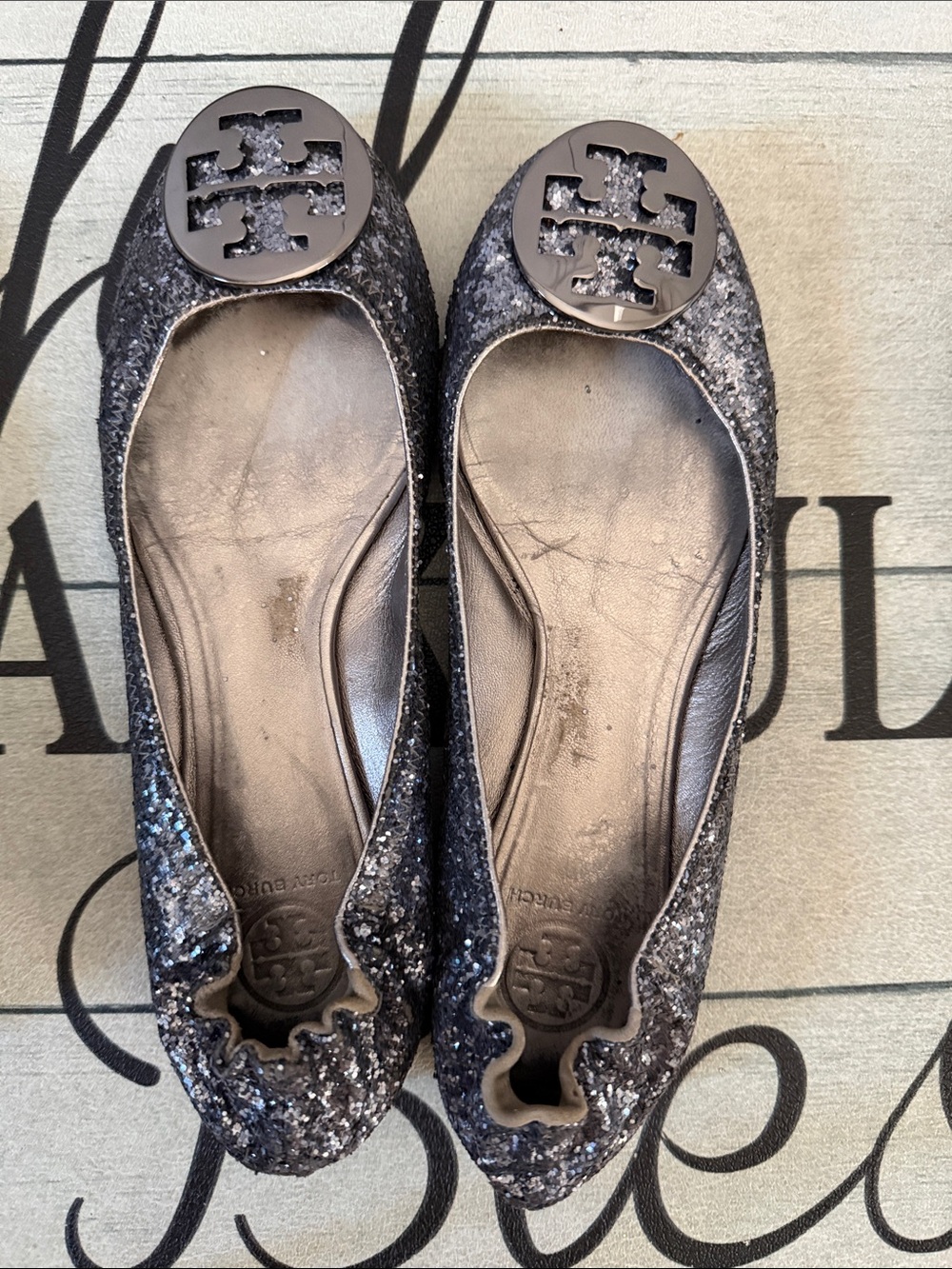 Tory Burch Black Glitter Logo Ballet Flats